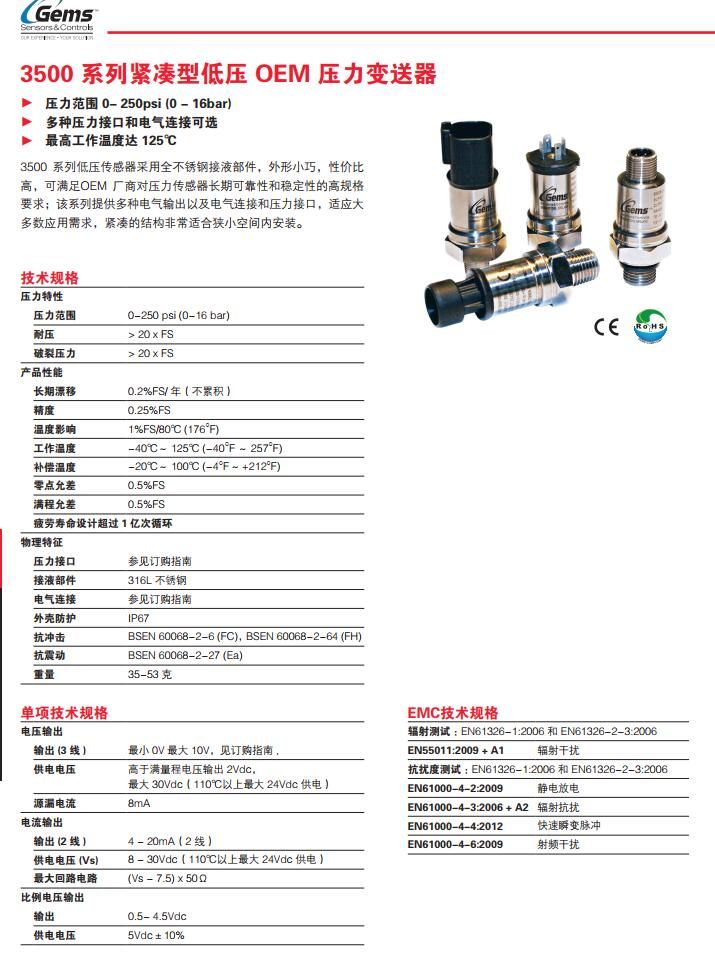 Gems美国捷迈3500压力变送器