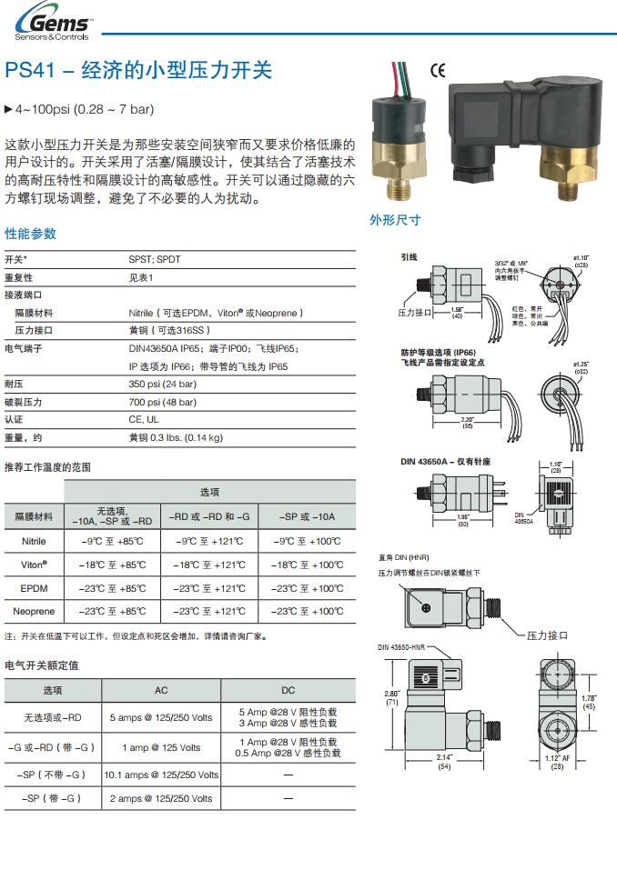 GEMS美国捷迈PS41经济的小型压力开关