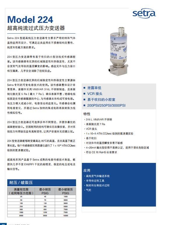 美国西特setra 224   高纯流过式压力变送器