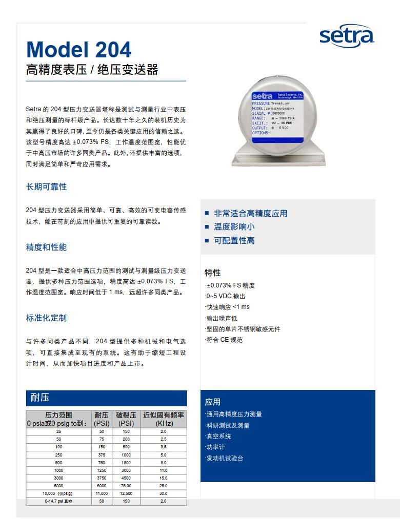 西特Setra美国 204压力变送器